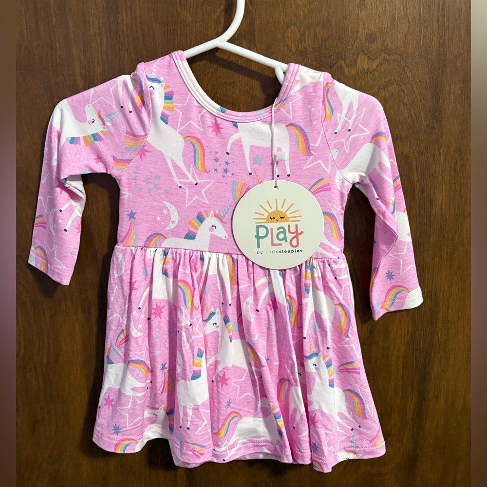 Little Sleepies Pink Unicorn Rainbow Trim Dress